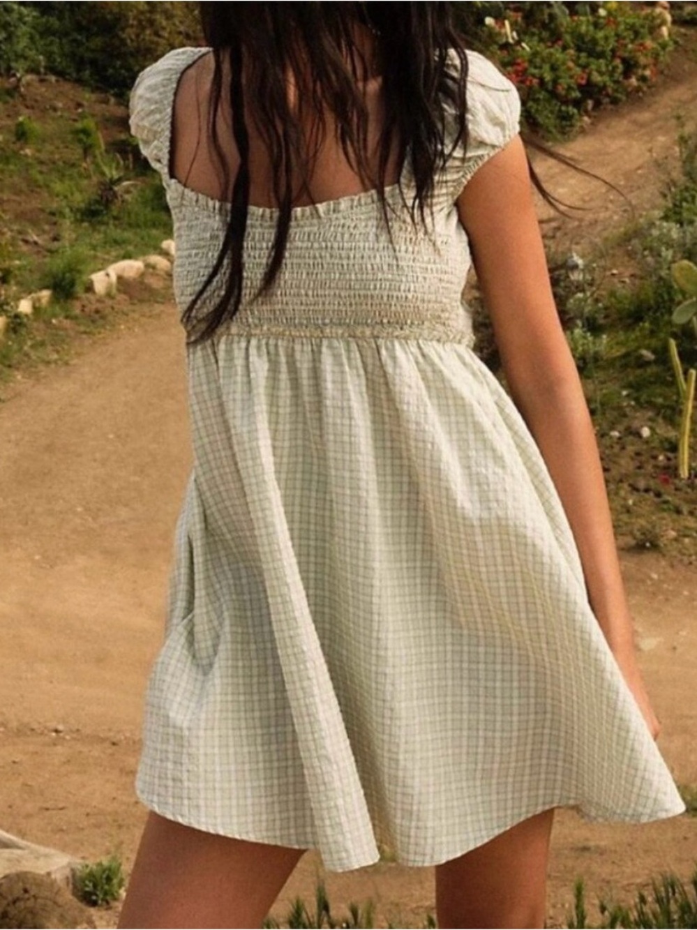 Free People Daphne Green Gingham Plaid Smocked Tie Back Mini Dress